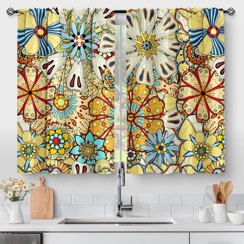 Aimego Boho Floral Kitchen Curtains - Bohemian Colorful Flowers Print Cafe Small Short Tier Window Curtains for Bathroom Living Room Decor Rod Pocket Window Drapes 36 Inch Length Set 28"x36" - Image 1